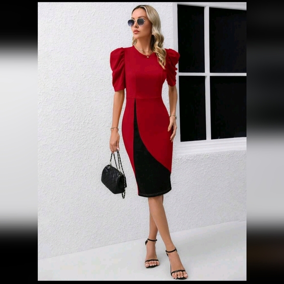 Elegant Red and Black Size XL Puff Sleeve Dress - Picture 4 of 5